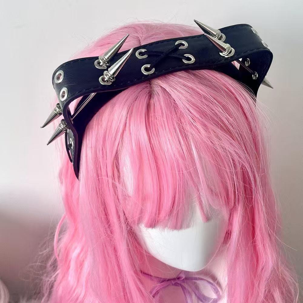 Leatherwork Pony - Headband Punk Harajuku dengan Rivet, Aksesoris